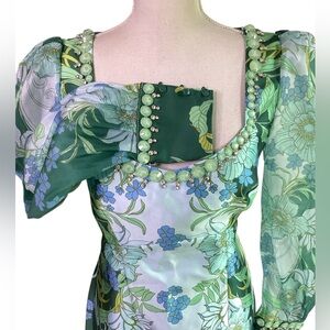 Boston Proper Green and Blue Floral Long Sleeve Dress B37